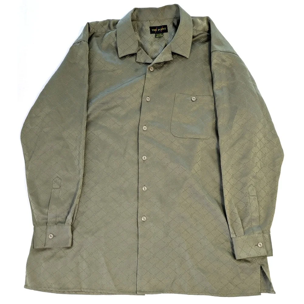 The Point Vintage Olive Jacquard Monogram Button Down Shirt XXL Long Sleeve